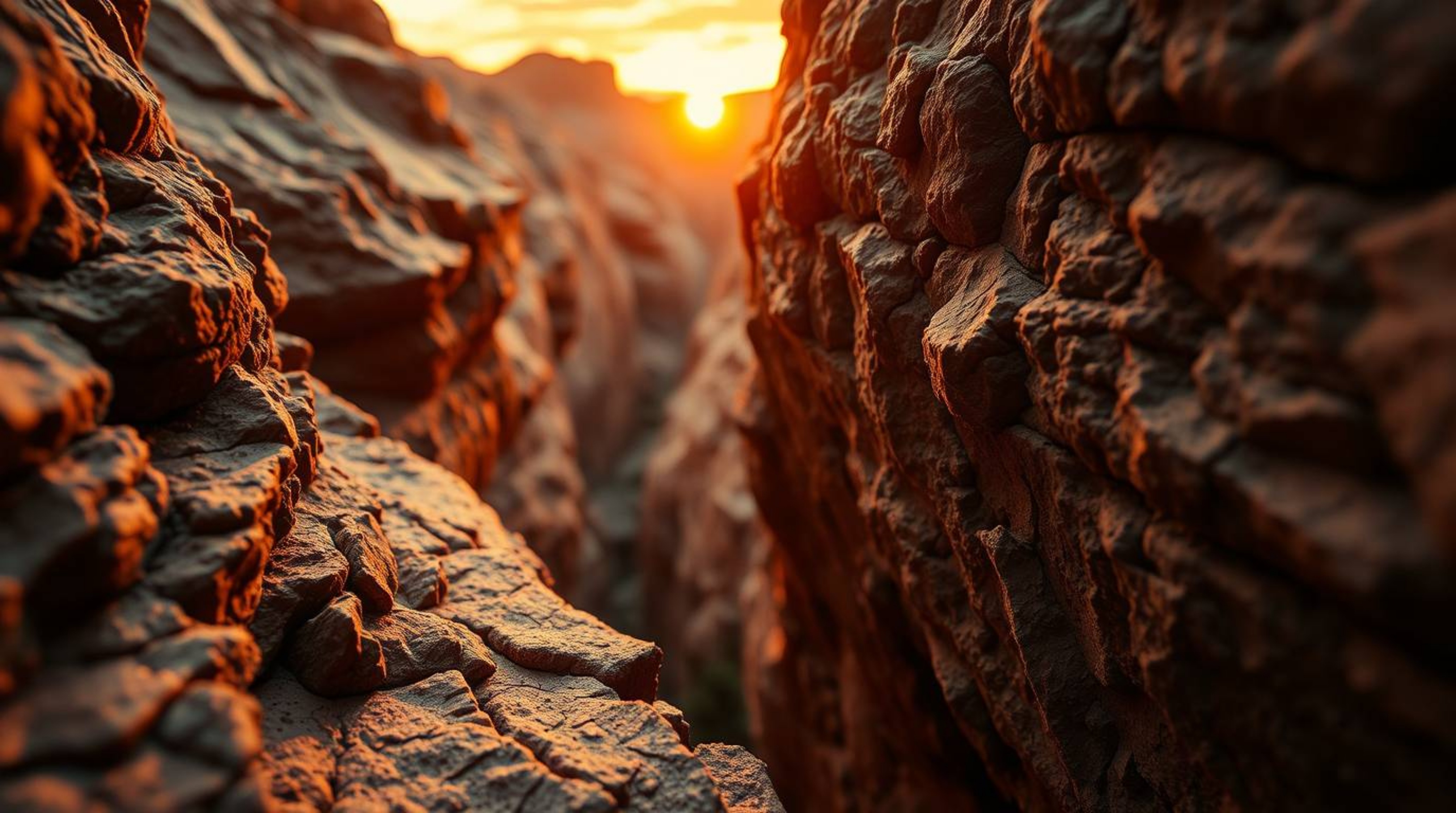 Experience the breathtaking detail of a rocky canyon at sunset with this extreme macro photograph.  Bathed in warm, golden li