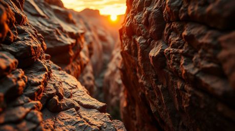 Experience the breathtaking detail of a rocky canyon at sunset with this extreme macro photograph.  Bathed in warm, golden li