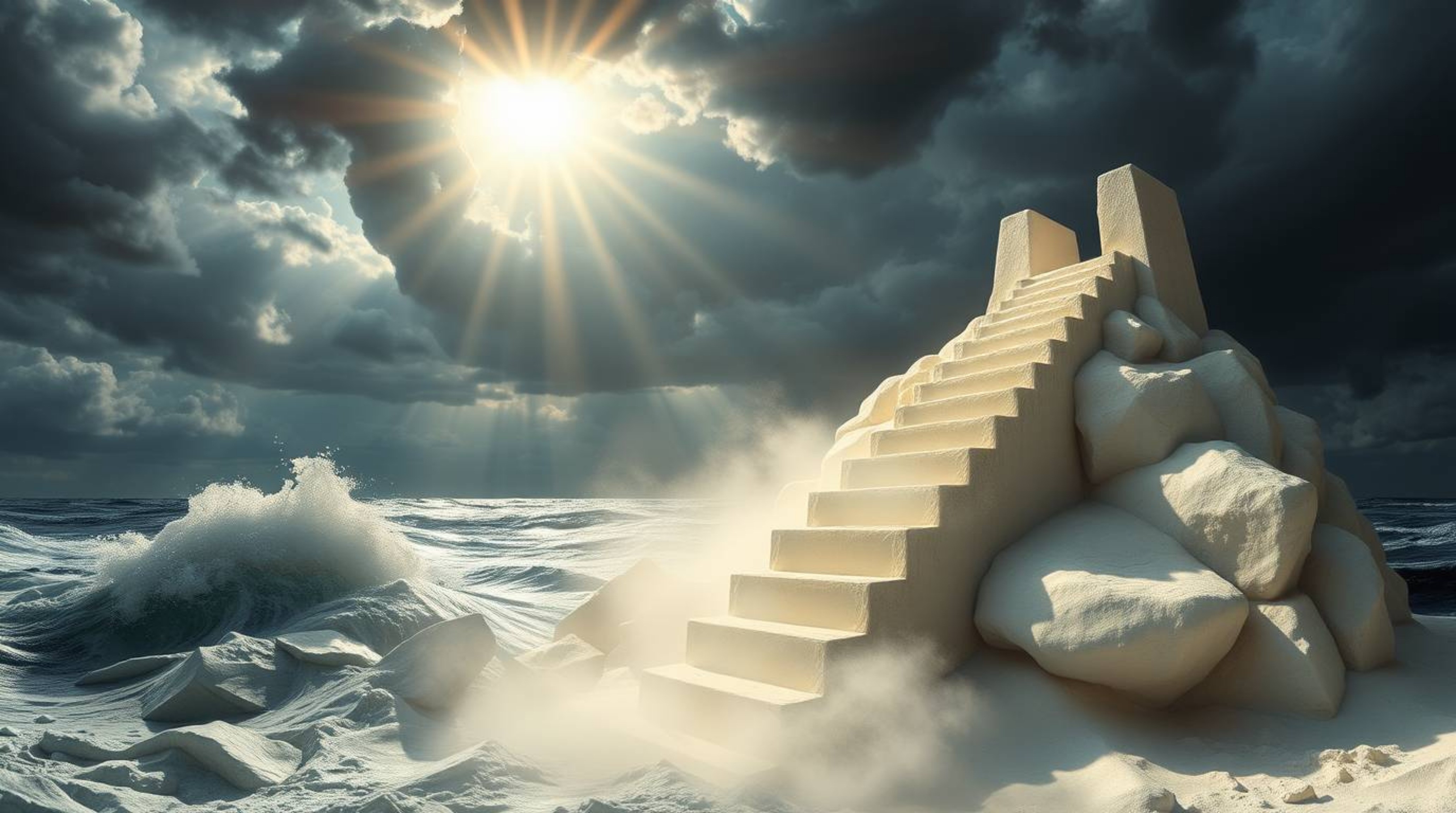 A dramatic and epic sculptural clay art piece depicting an ocean staircase reaching into a stormy sky, illuminated by a divin