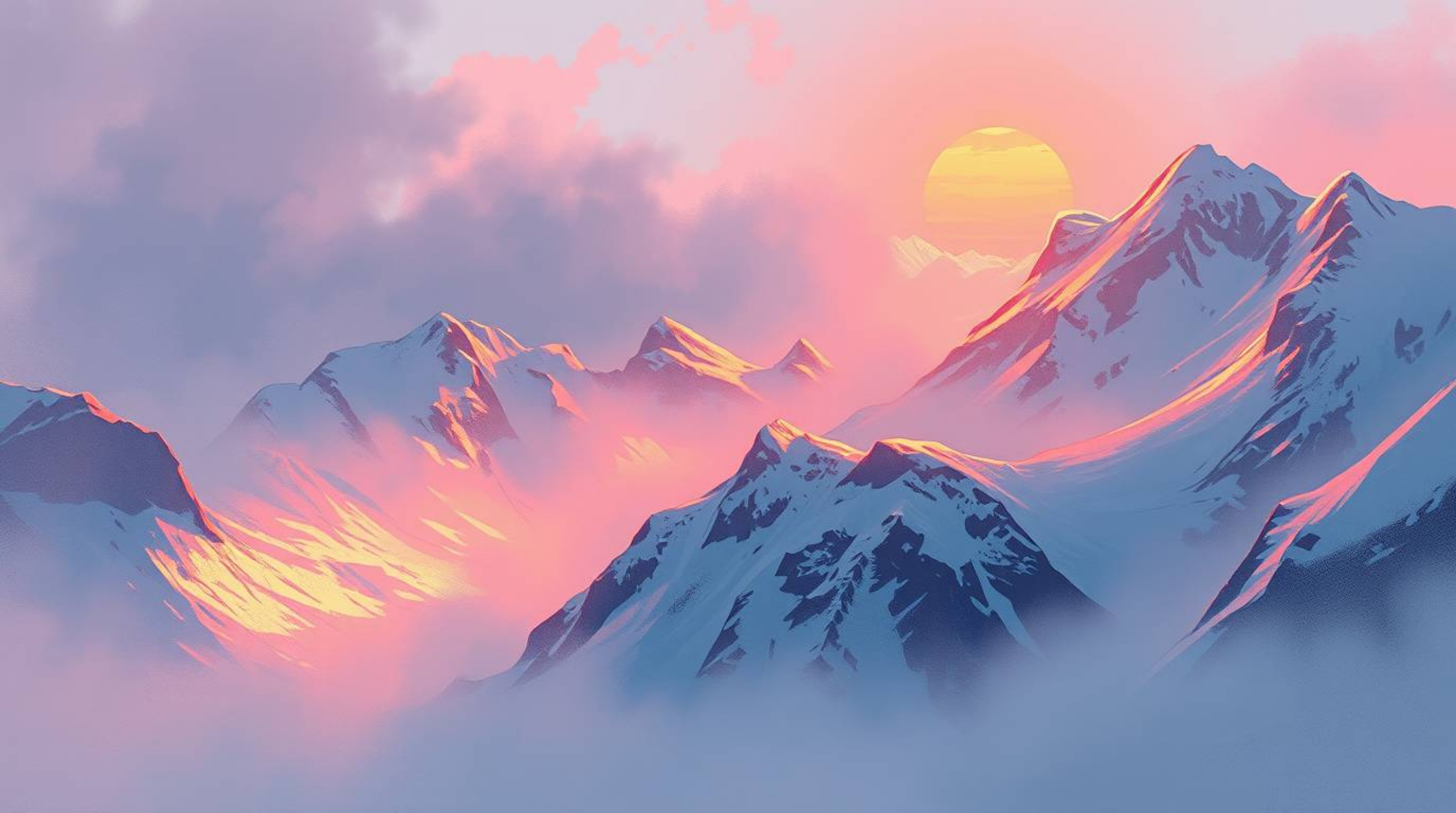 A captivating digital painting showcases snow-capped mountains bathed in the warm glow of a pastel sunset.  Loose painterly s