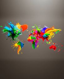A vibrant world map emerges from a flurry of bright, colorful splashes, creating a dynamic and abstract concept. The image ca