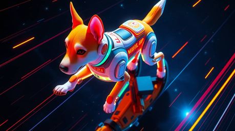 Witness a breathtaking high-angle view of a futuristic dog autonomously strolling through the vast expanse of space.  This vi