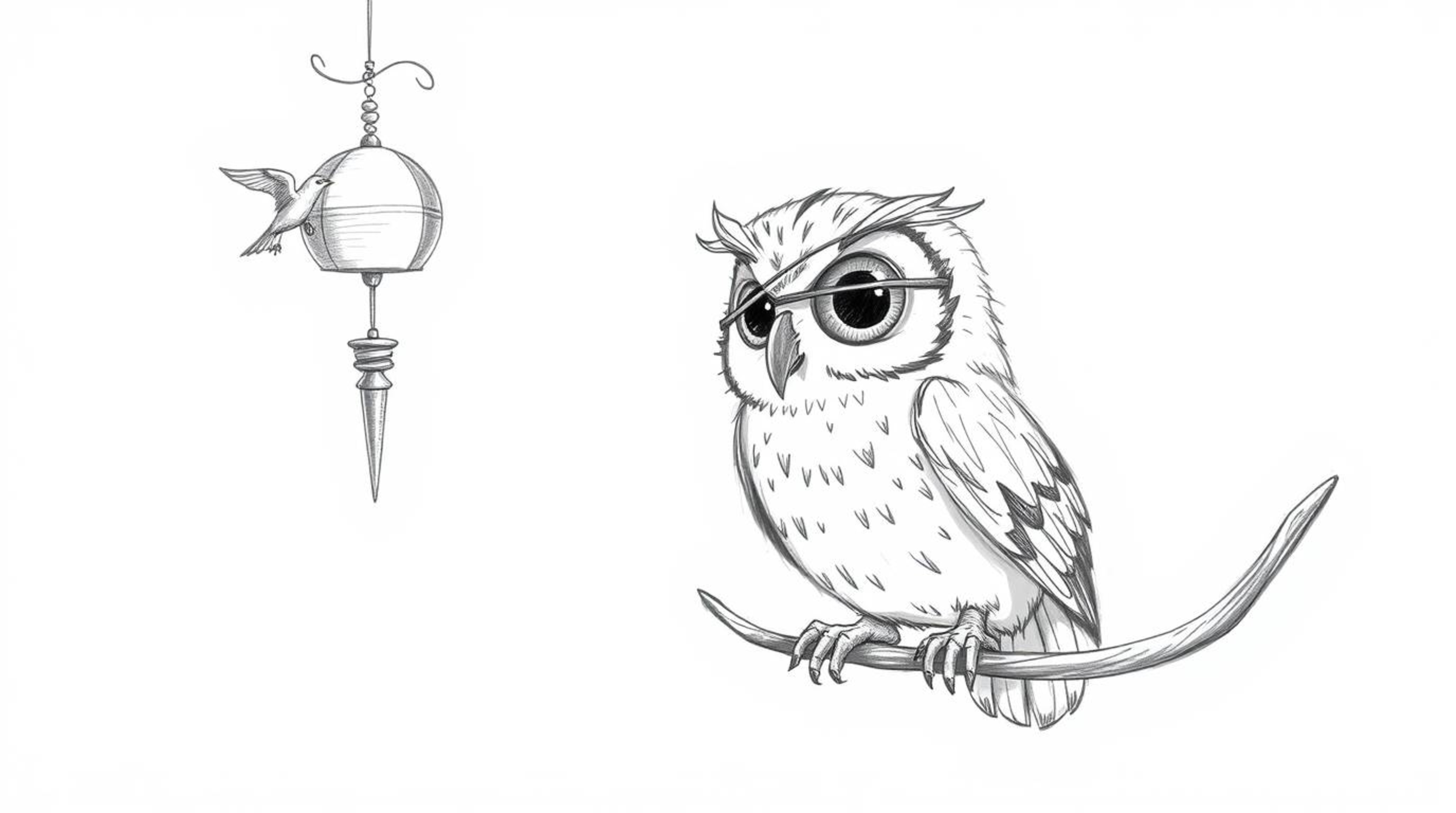 A heartwarming hand-drawn sketch in Pixar style depicts a blind owl with large, expressive eyes patiently teaching birds how 