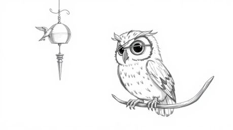 A heartwarming hand-drawn sketch in Pixar style depicts a blind owl with large, expressive eyes patiently teaching birds how 