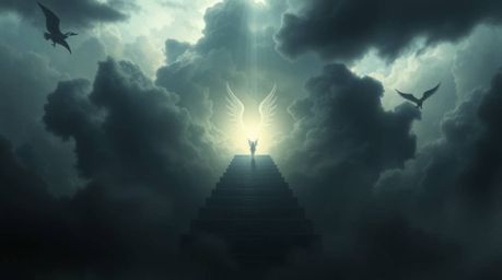 This dramatic digital painting captures a moody atmosphere with low contrast and a stormy sky. Steps of light ascend into the