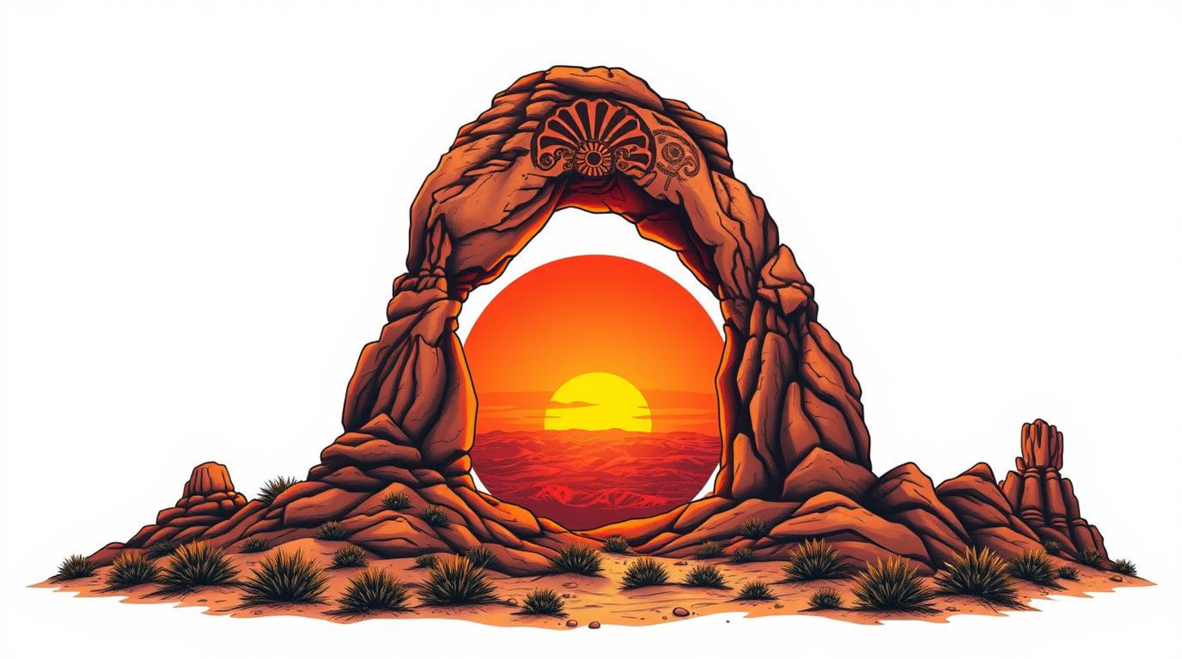 Experience the grandeur of this retro-styled, symbolic tattoo art print.  A vibrant desert sunset, framed by a natural rock a