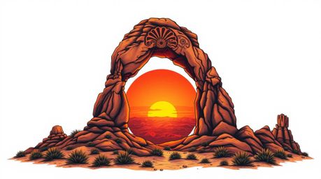 Experience the grandeur of this retro-styled, symbolic tattoo art print.  A vibrant desert sunset, framed by a natural rock a