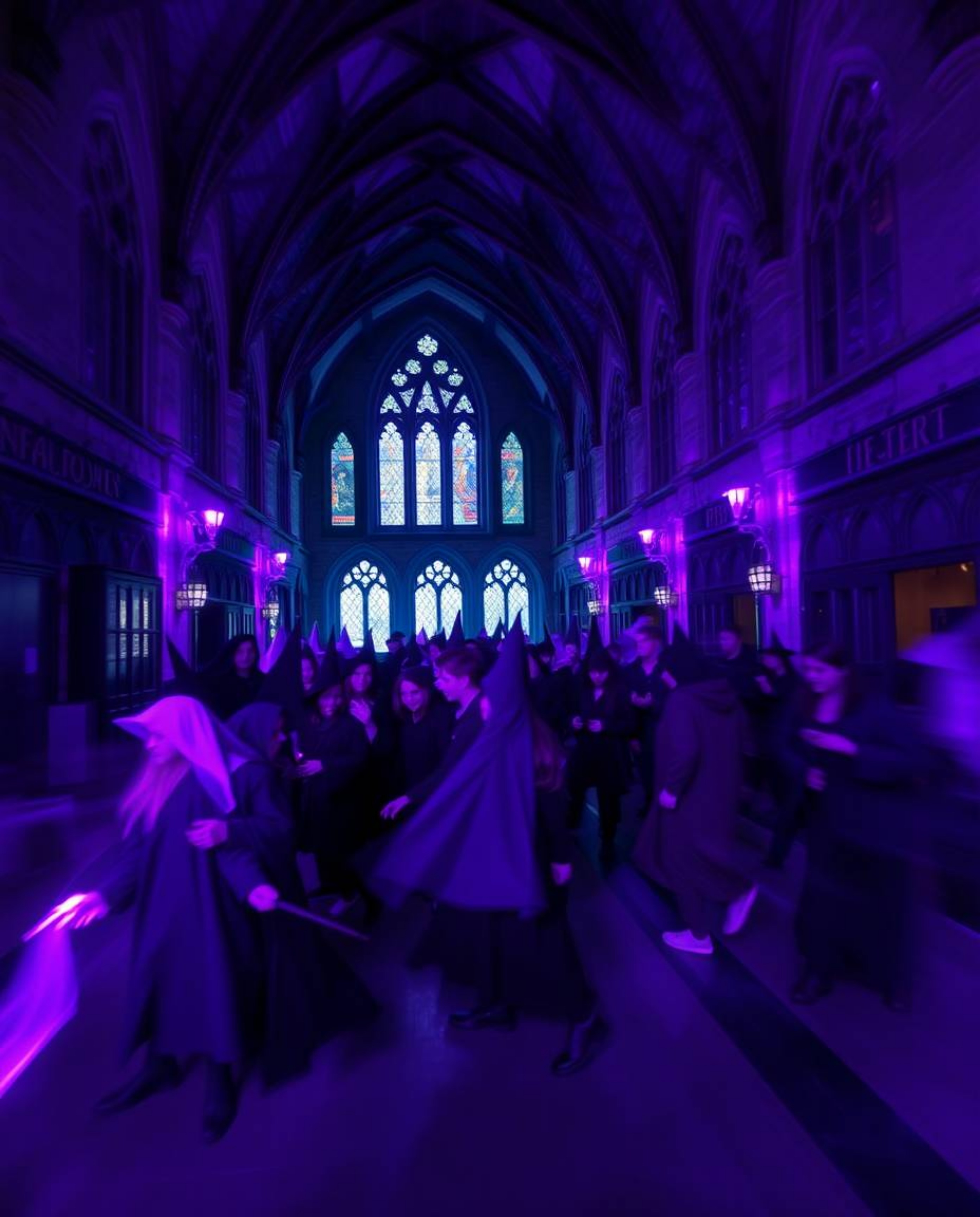 A captivating long-exposure photograph showcasing a magical school teeming with young wizards, awash in deep ultraviolet hues
