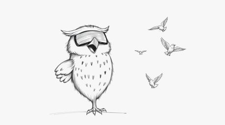 A heartwarming hand-drawn sketch in the style of Pixar animation depicts a blind owl teacher brimming with pride. He sits on 