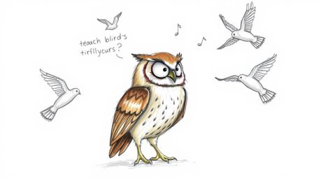 This hand-drawn sketch features a blind owl, rendered in a Pixar style with soft brown plumage and detailed feathers, who is 