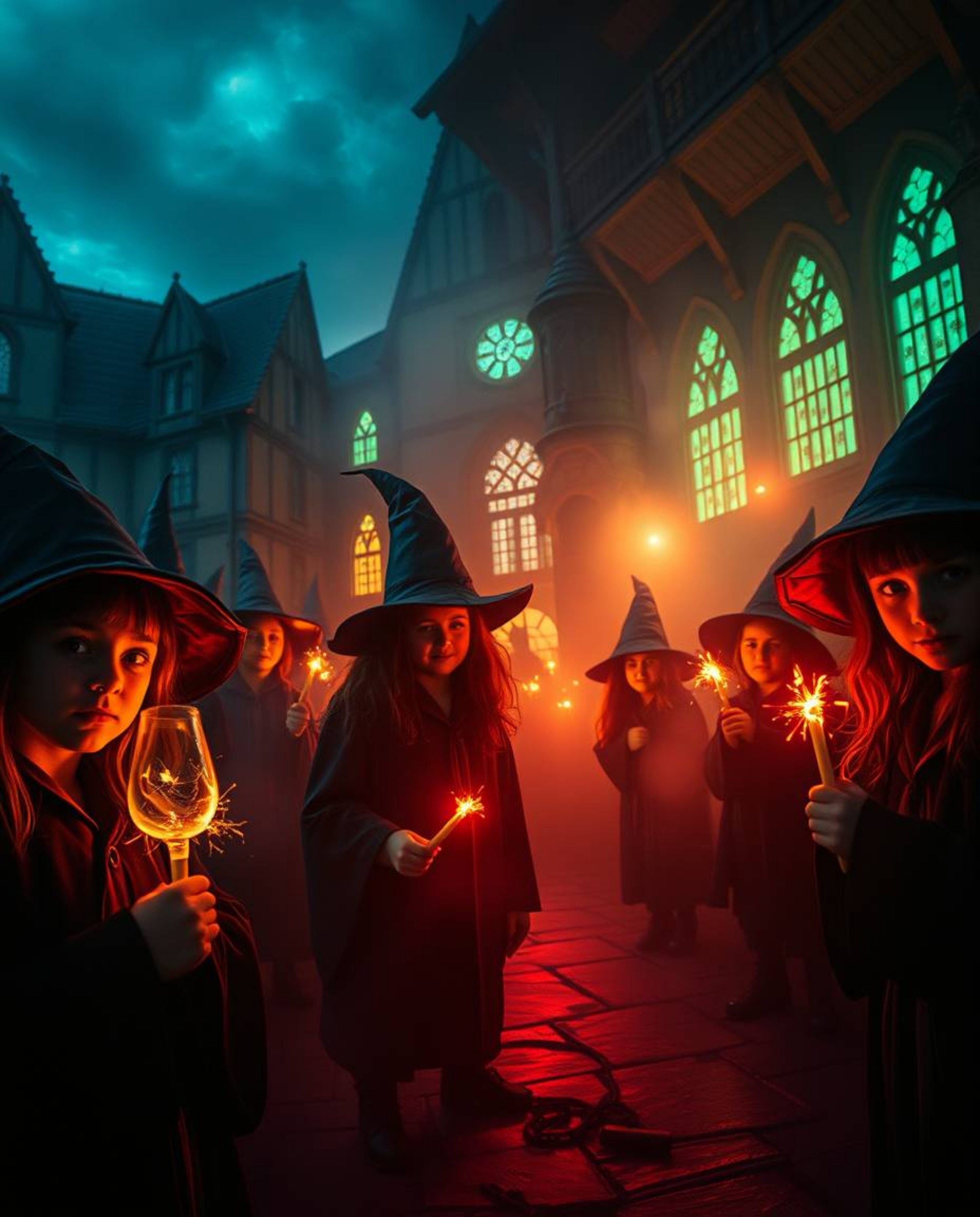 Immerse yourself in a dramatic, cinematic experience within a magical school teeming with young wizards. The scene is bathed