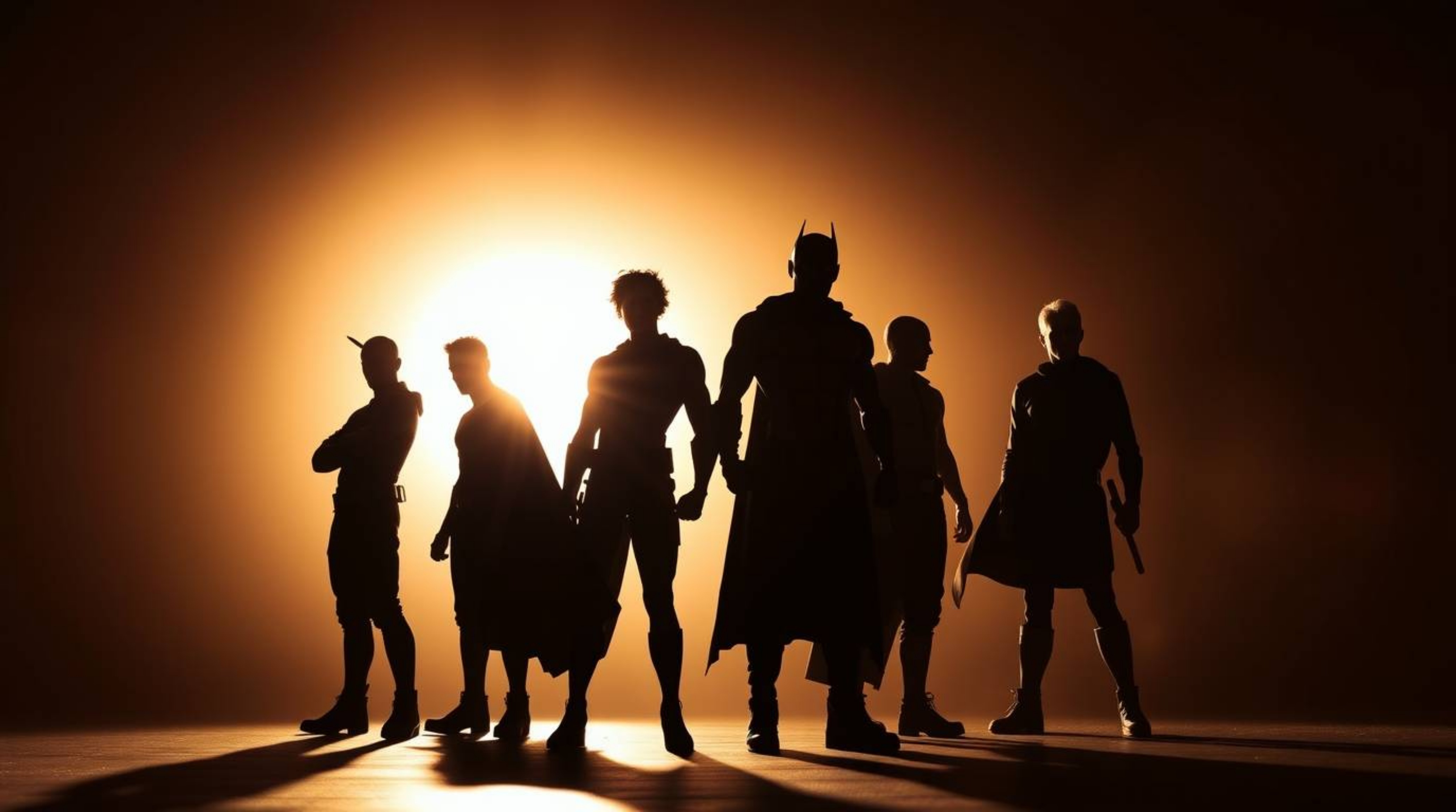 Silhouetted figures of misfit heroes dramatically backlit against a bright background. This striking image showcases a team f