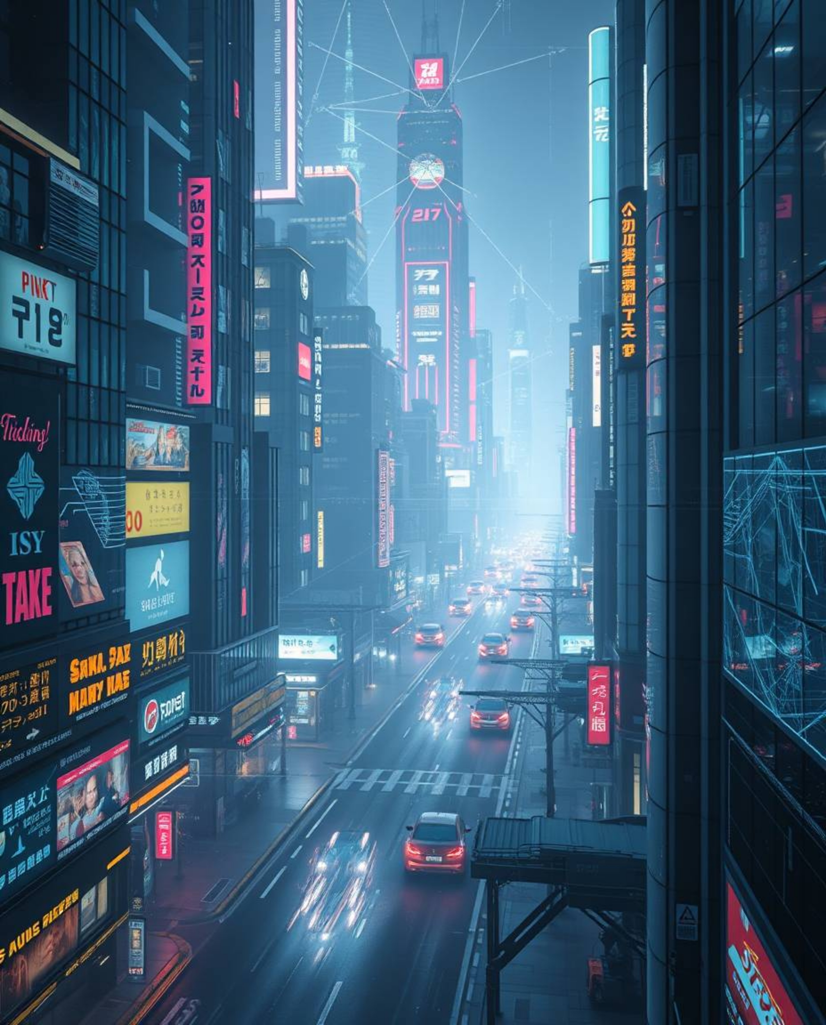 A professional fine art photograph capturing a futuristic city in glitch mode, characterized by flickering lights and broken 