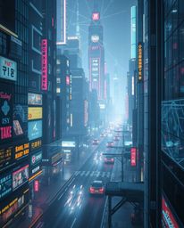 A professional fine art photograph capturing a futuristic city in glitch mode, characterized by flickering lights and broken 