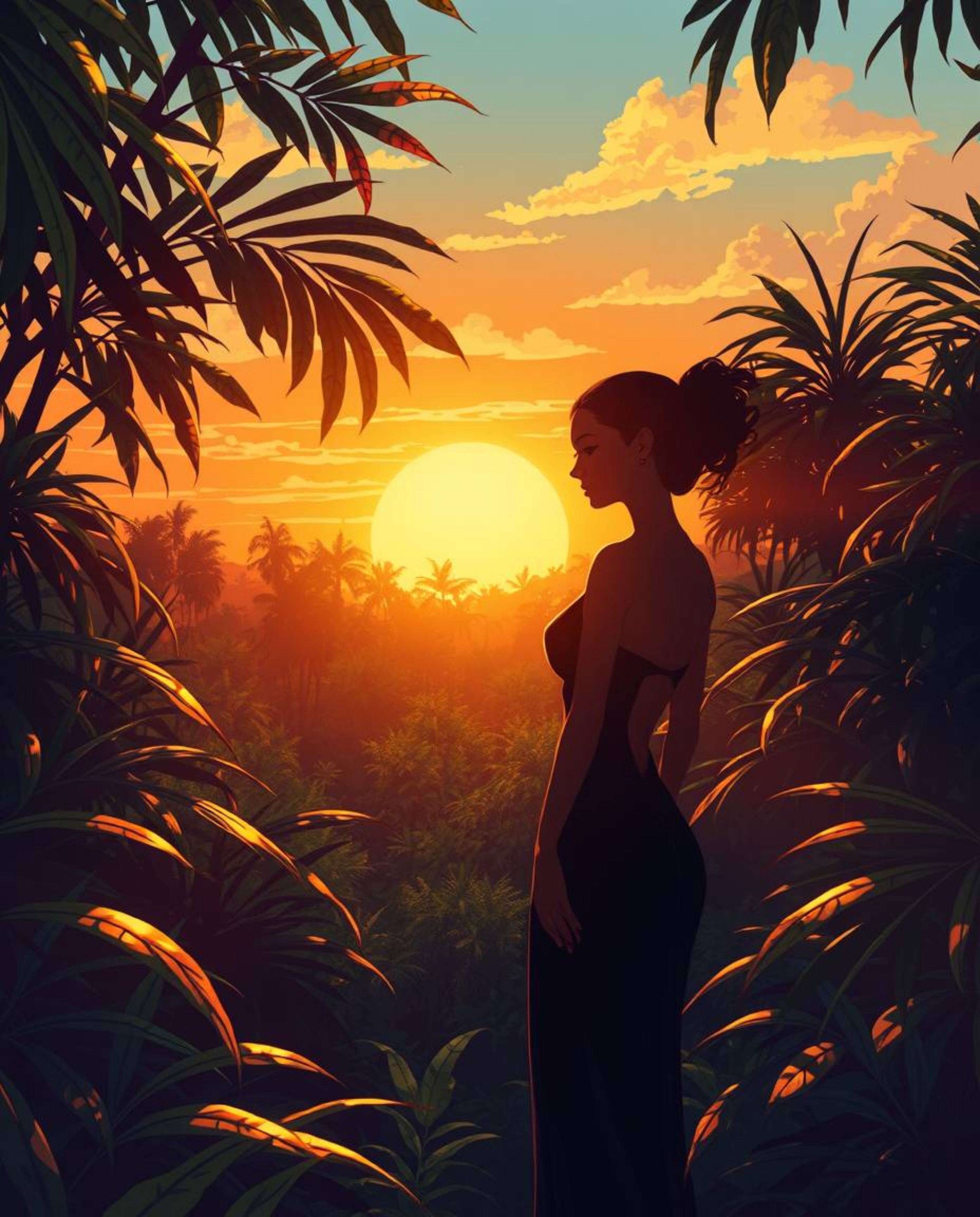 An illustration depicting a sunset seen through a dense jungle canopy. This artwork is distinguished by the presence of a gra