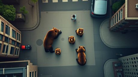 An overhead bird's-eye view captures a bear family embarking on an urban adventure, showcasing smooth gradient color transiti