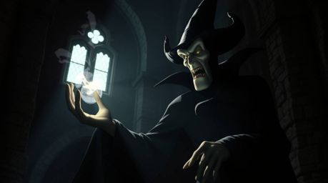 Explore a classic Disney villain casting a spell in an old castle, captured with strong, hard light and a moody style. This i