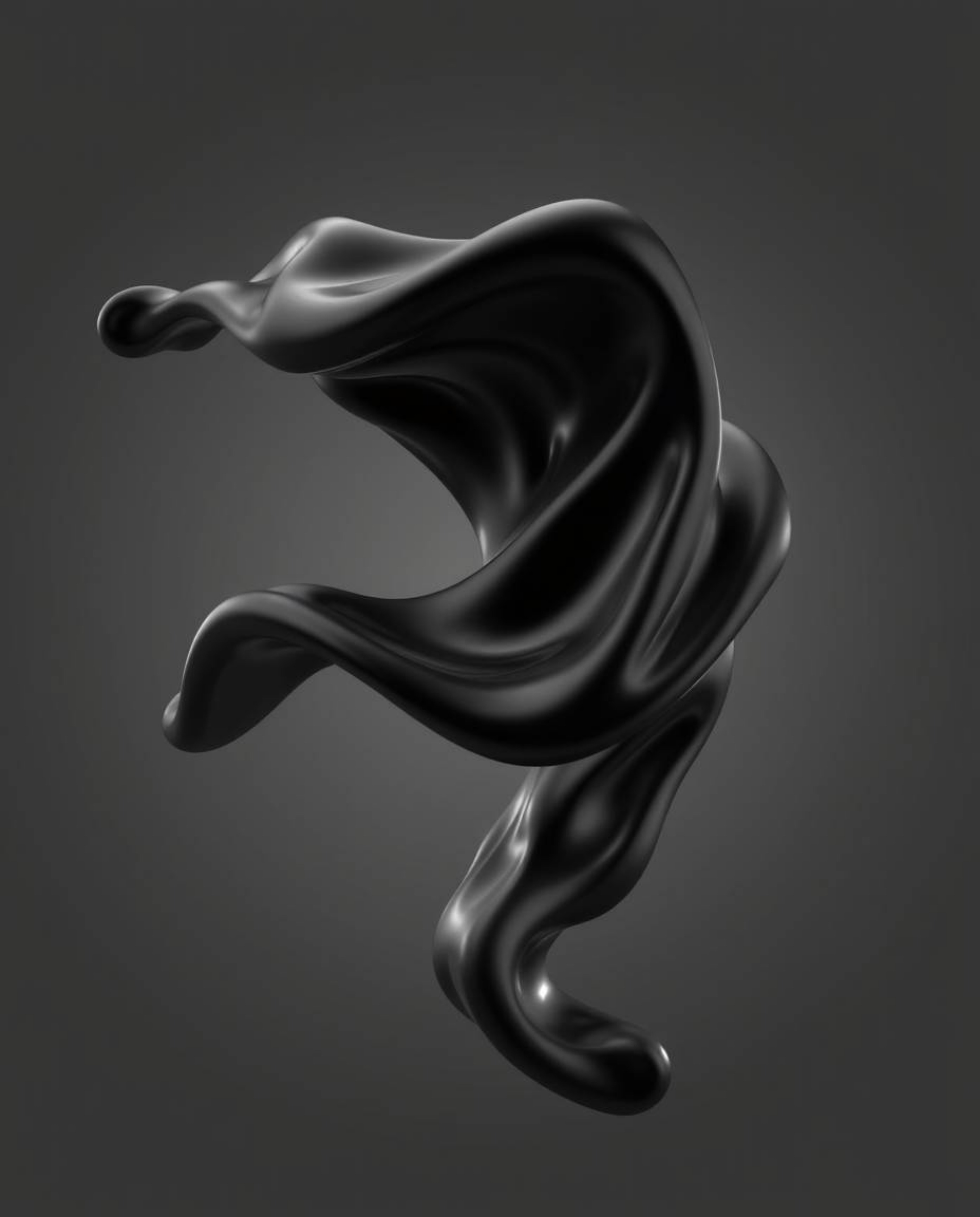 Explore a dynamic, high-realism 3D render showcasing smooth, metallic, jet-black fluid shapes in perpetual motion, gracefully