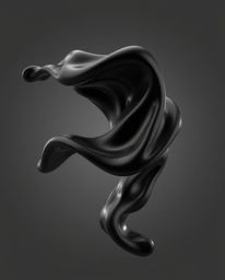 Explore a dynamic, high-realism 3D render showcasing smooth, metallic, jet-black fluid shapes in perpetual motion, gracefully