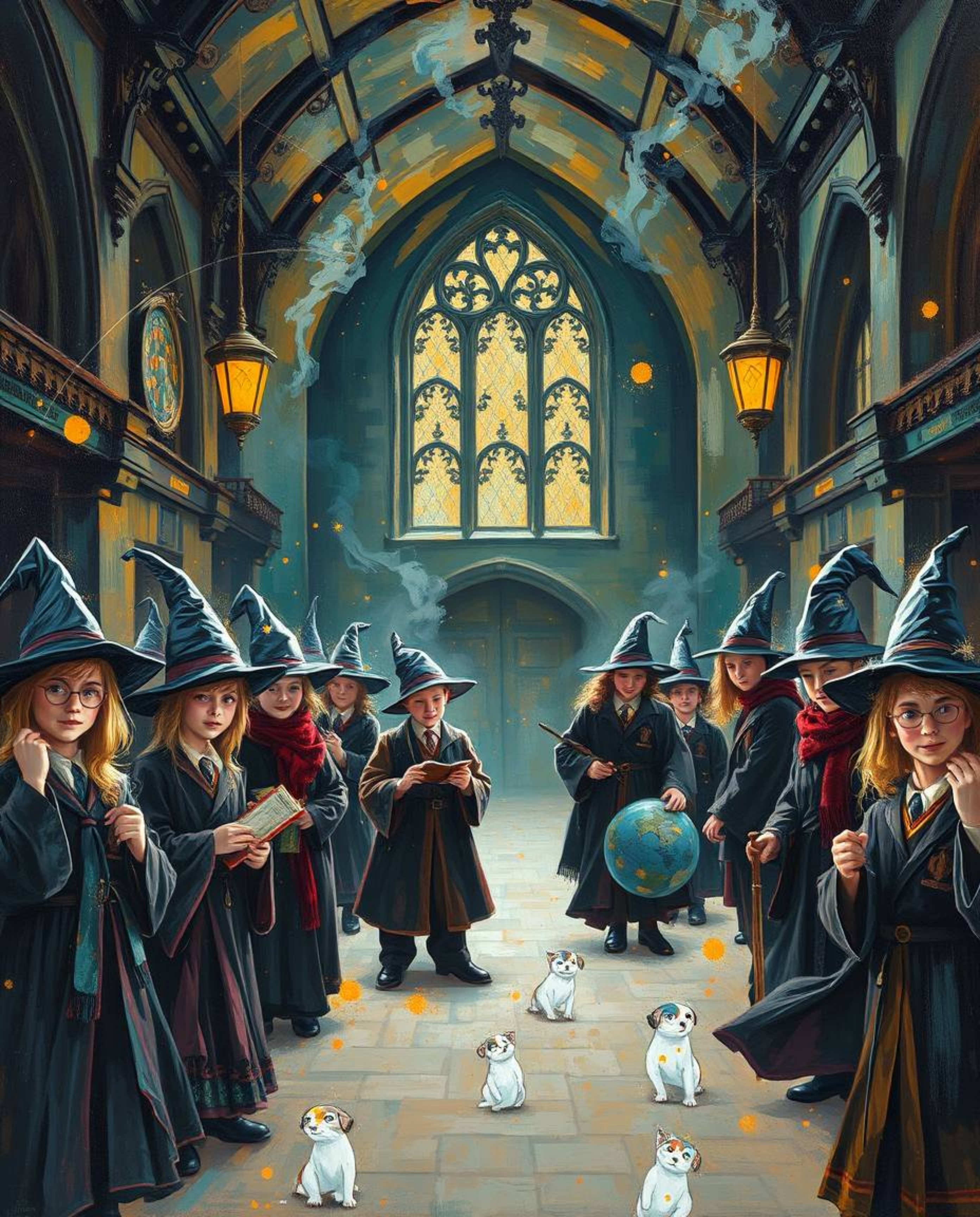 Discover a captivating depiction of a magical school brimming with young wizards, rendered in the timeless style of a classic