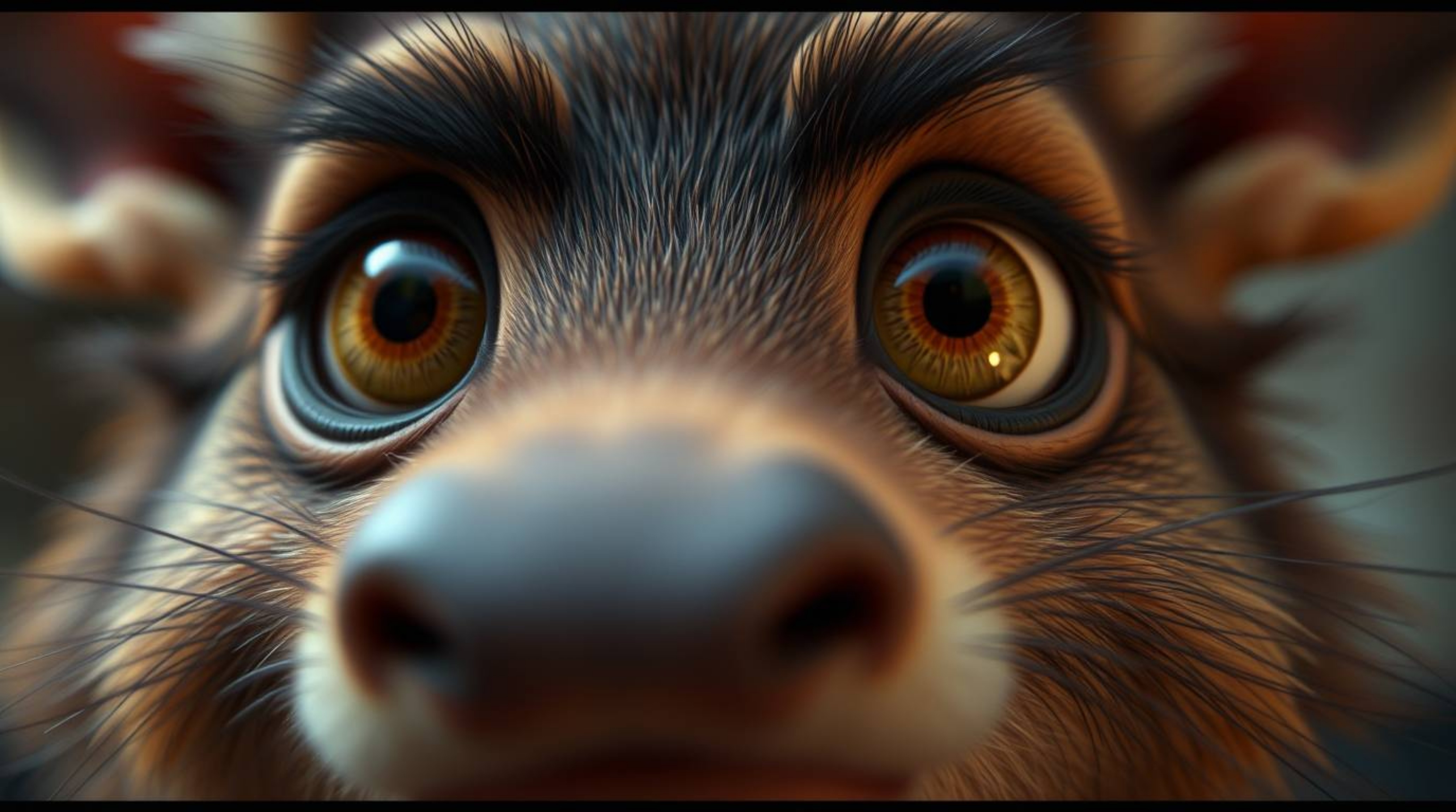 A captivating close-up reveals a sarcastic animal sidekick with incredibly expressive and detailed eyes.  The intricate featu
