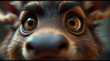 A captivating close-up reveals a sarcastic animal sidekick with incredibly expressive and detailed eyes.  The intricate featu