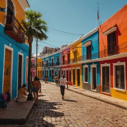 Immerse yourself in the lively atmosphere of a Latin American city, where a colorful street bursts with energy. Brightly pain
