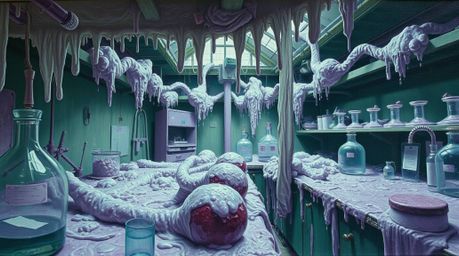 An extreme close-up oil painting depicts a slime-covered science lab, viewed through an infrared spectrum.  The surreal, othe
