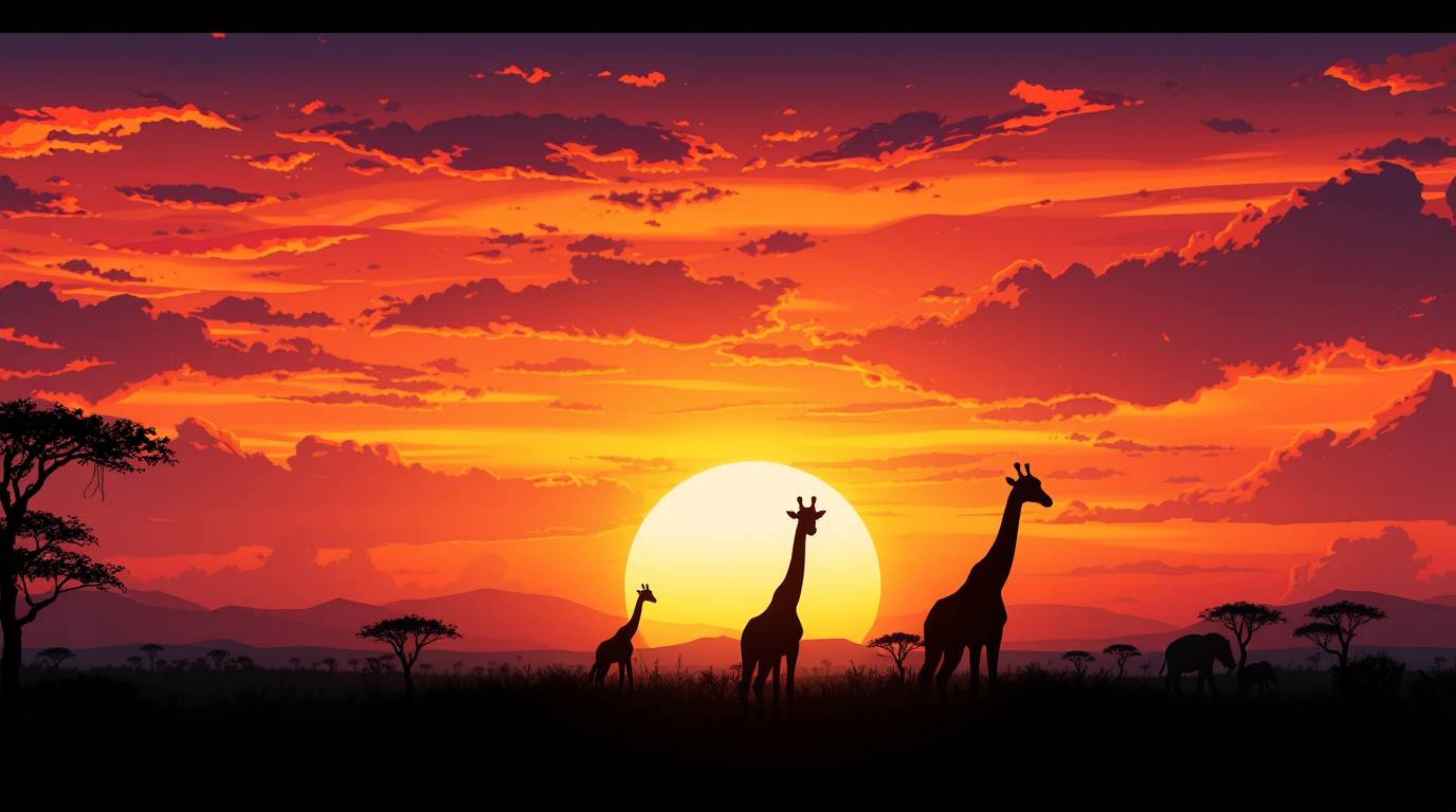 A captivating isekai anime illustration depicts a breathtaking sunset over a serene African savanna. Silhouetted giraffes sta