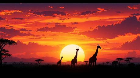 A captivating isekai anime illustration depicts a breathtaking sunset over a serene African savanna. Silhouetted giraffes sta