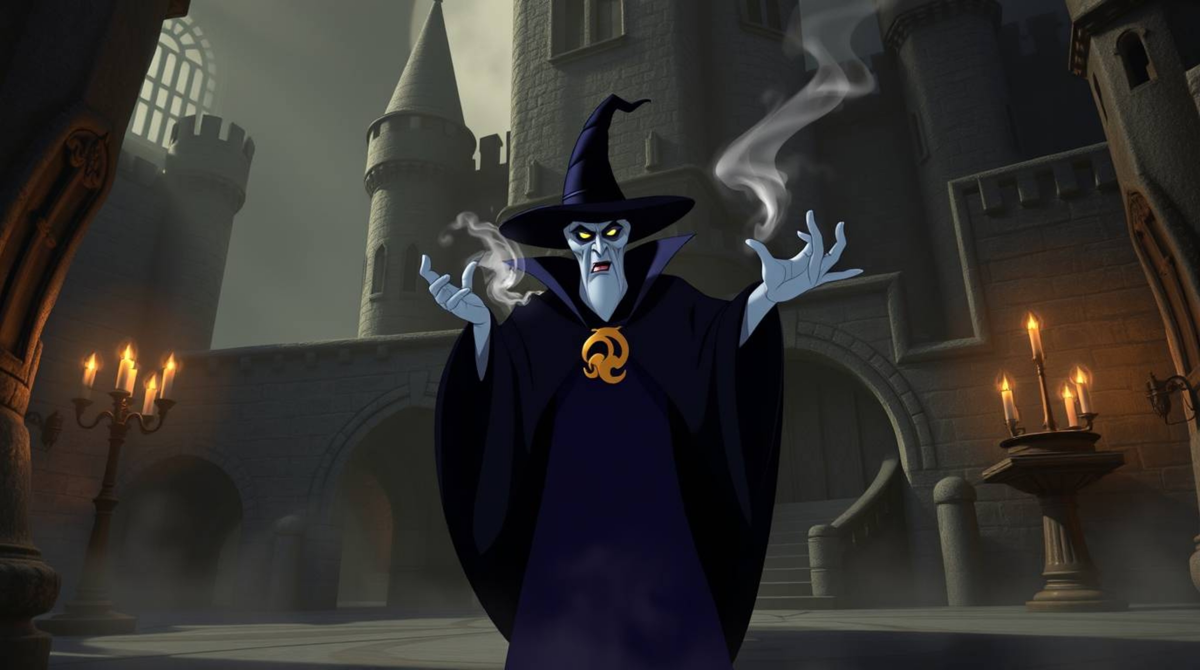 A classic Disney villain casts a mesmerizing spell within the ancient walls of a majestic castle. The scene is imbued with a