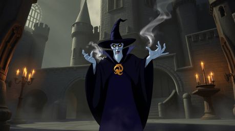 A classic Disney villain casts a mesmerizing spell within the ancient walls of a majestic castle. The scene is imbued with a