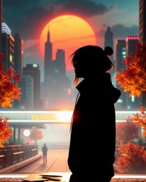 A silhouetted figure is backlit by warm autumn colors set against a futuristic cityscape, creating a compelling cyberpunk env