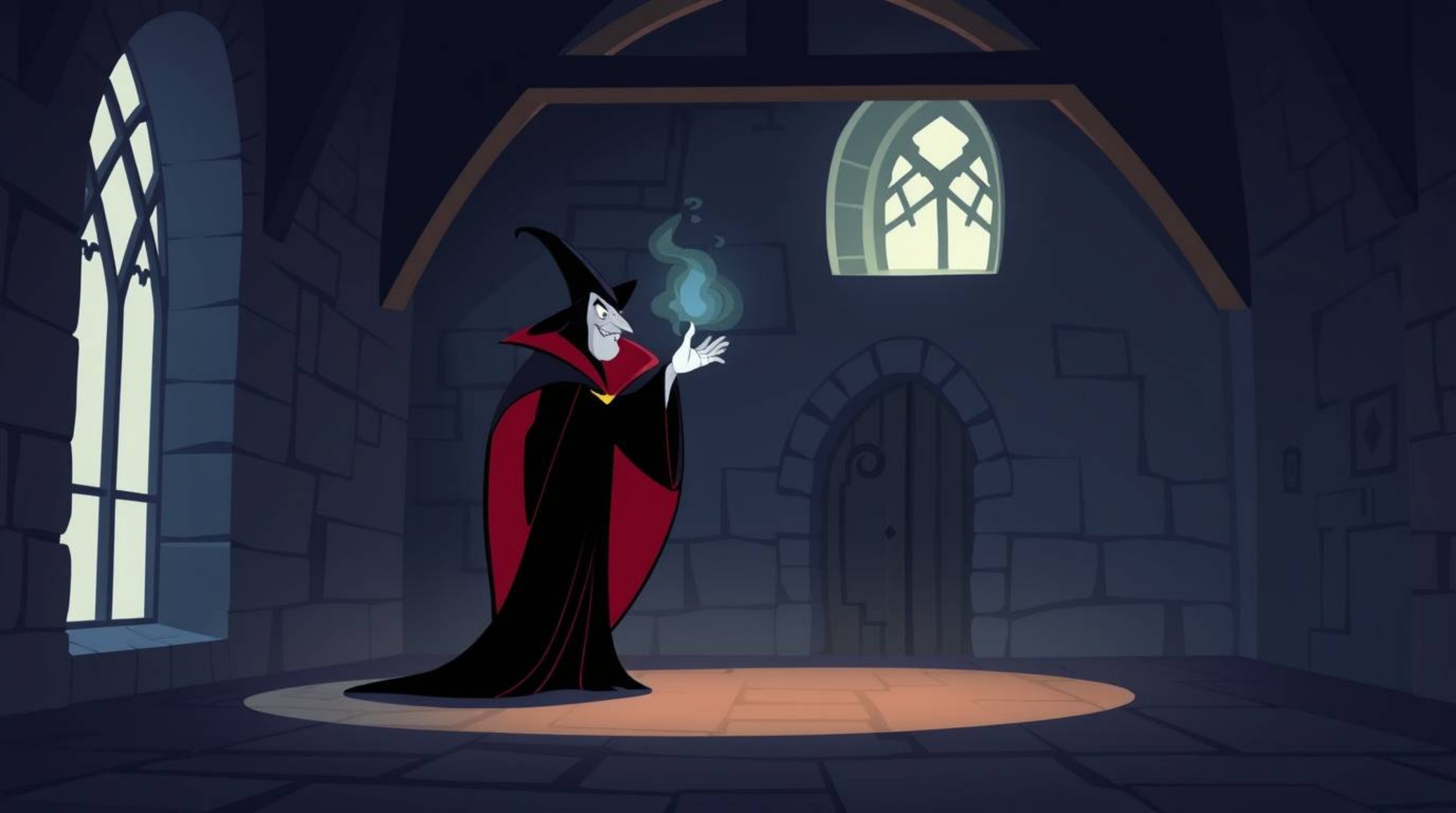 A captivating illustration in a minimalist flat design showcases a classic Disney villain casting a spell within an old castl