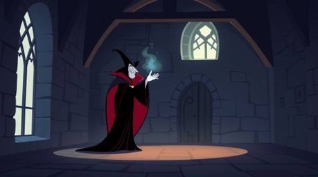 A captivating illustration in a minimalist flat design showcases a classic Disney villain casting a spell within an old castl