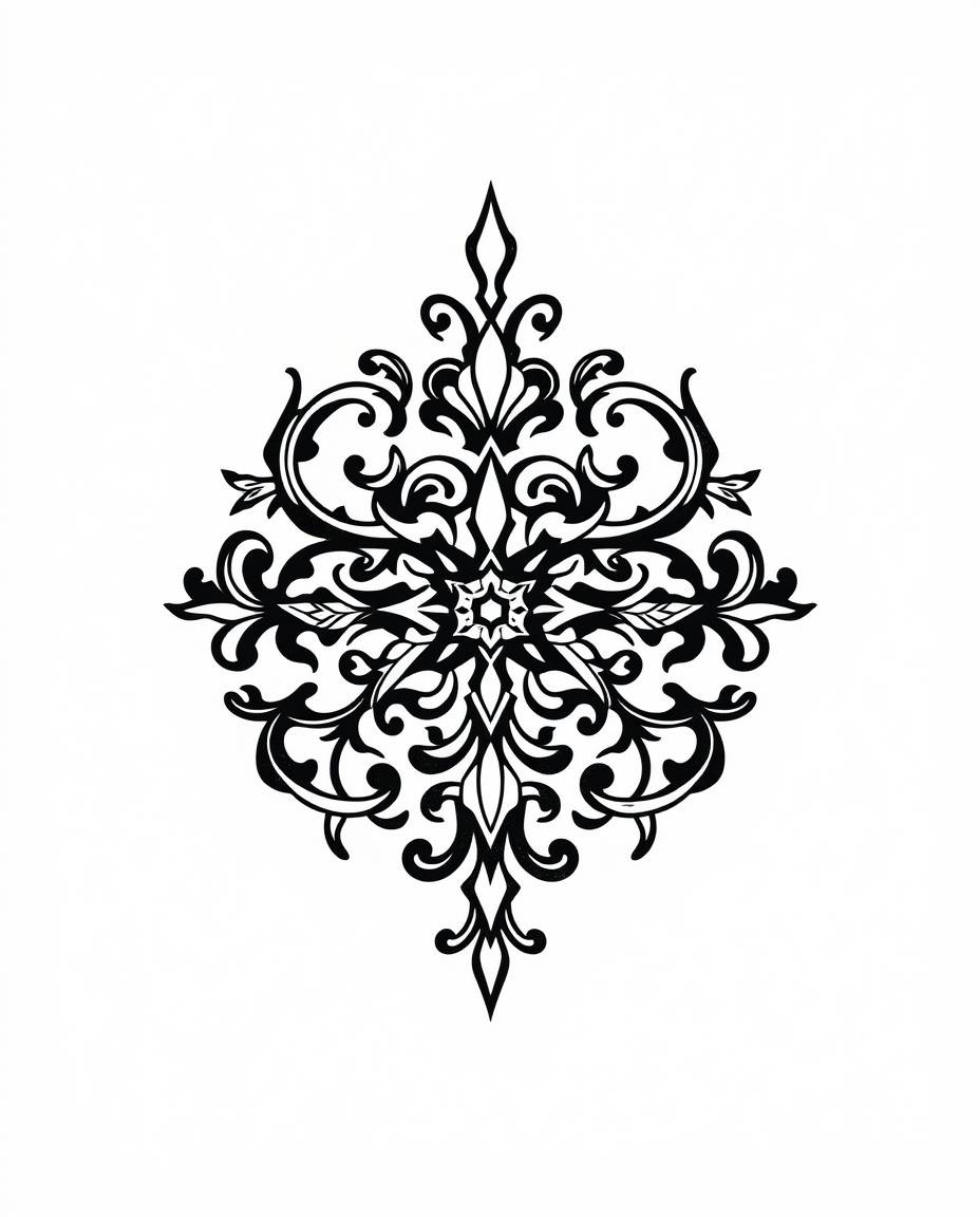 This classic black and white tattoo art print features a complex ornamental design with a retro flair, offering timeless eleg
