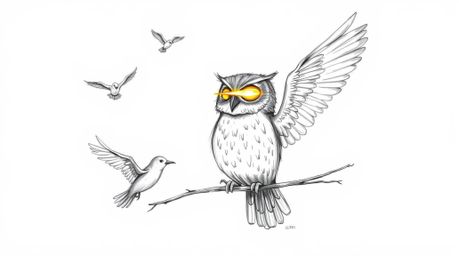 This captivating hand-drawn sketch in a textured pencil style depicts a blind owl with radiant, glowing feathers guiding a gr