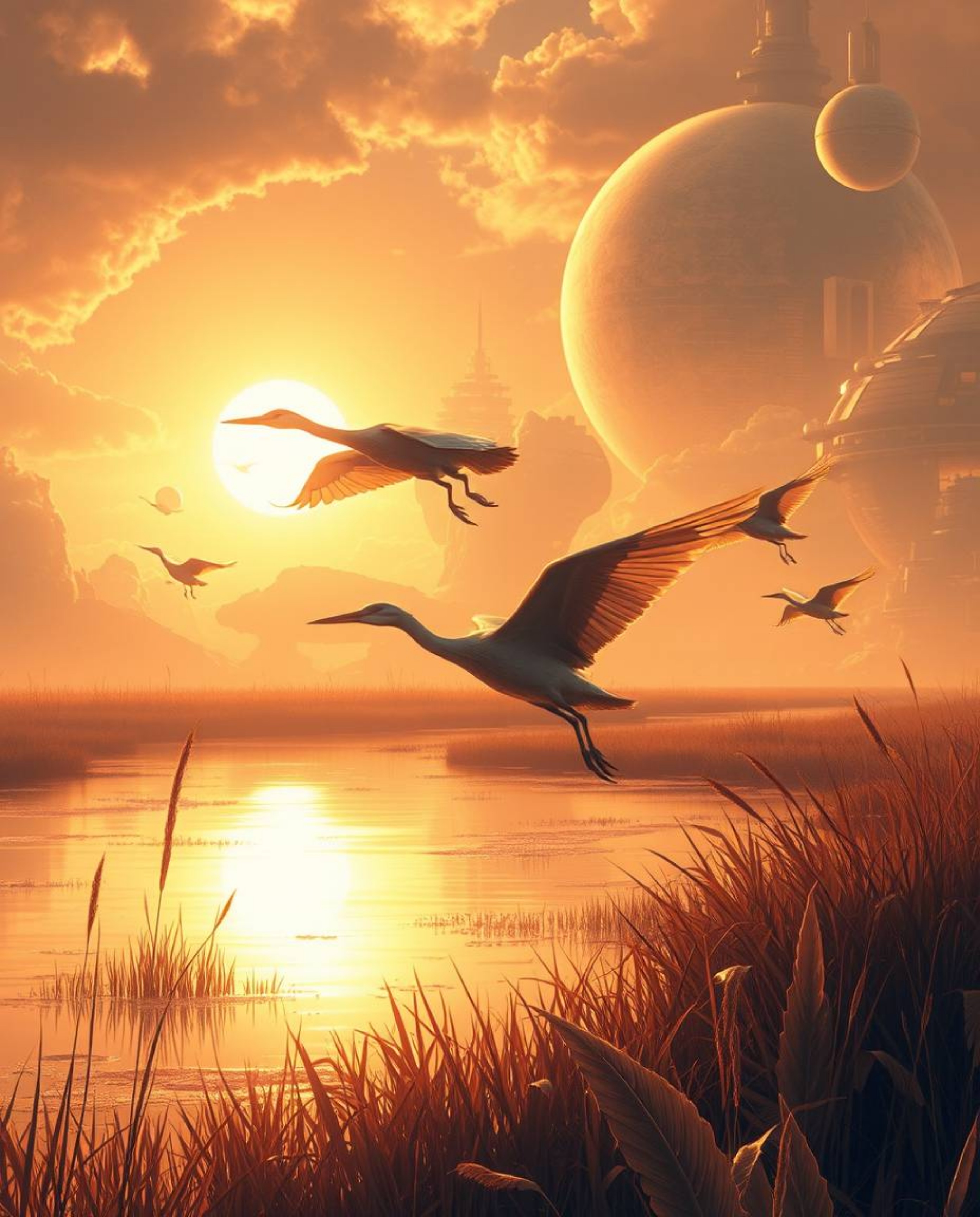 A futuristic sci-fi painting where warm golden hour light illuminates a wetlands scene with herons in flight. This radiant an