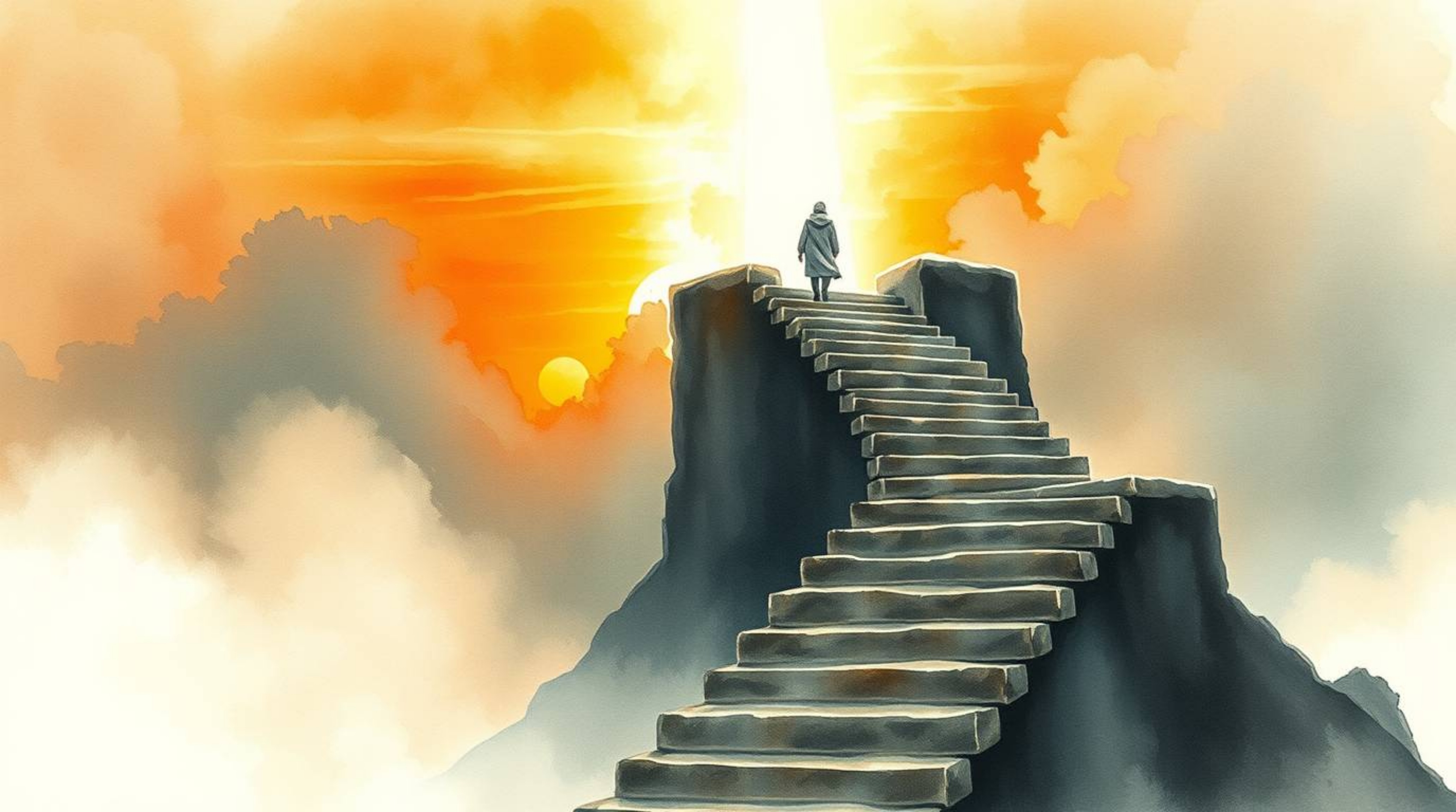 A delicate watercolor painting depicts a lone figure ascending a stone staircase towards a divine beam of light.  Translucent