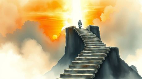 A delicate watercolor painting depicts a lone figure ascending a stone staircase towards a divine beam of light.  Translucent