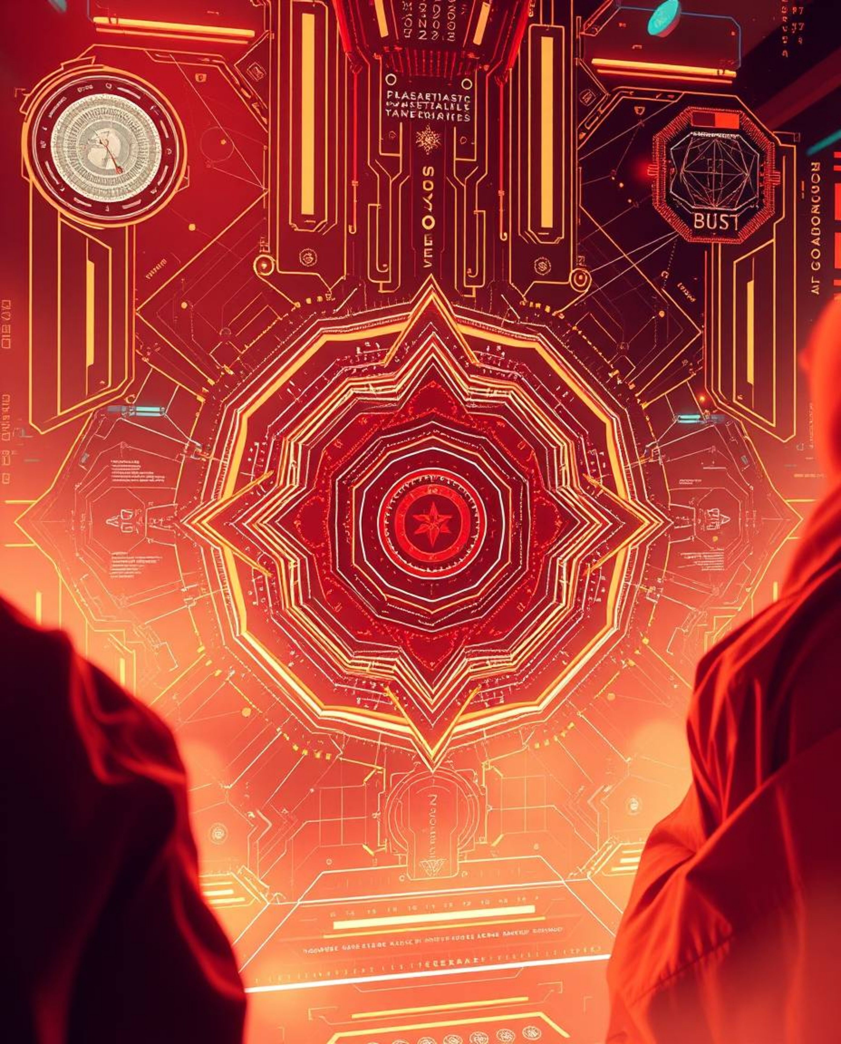 A captivating futuristic digital interface features intricate geometric patterns and holographic elements, rendered in a warm