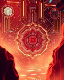 A captivating futuristic digital interface features intricate geometric patterns and holographic elements, rendered in a warm