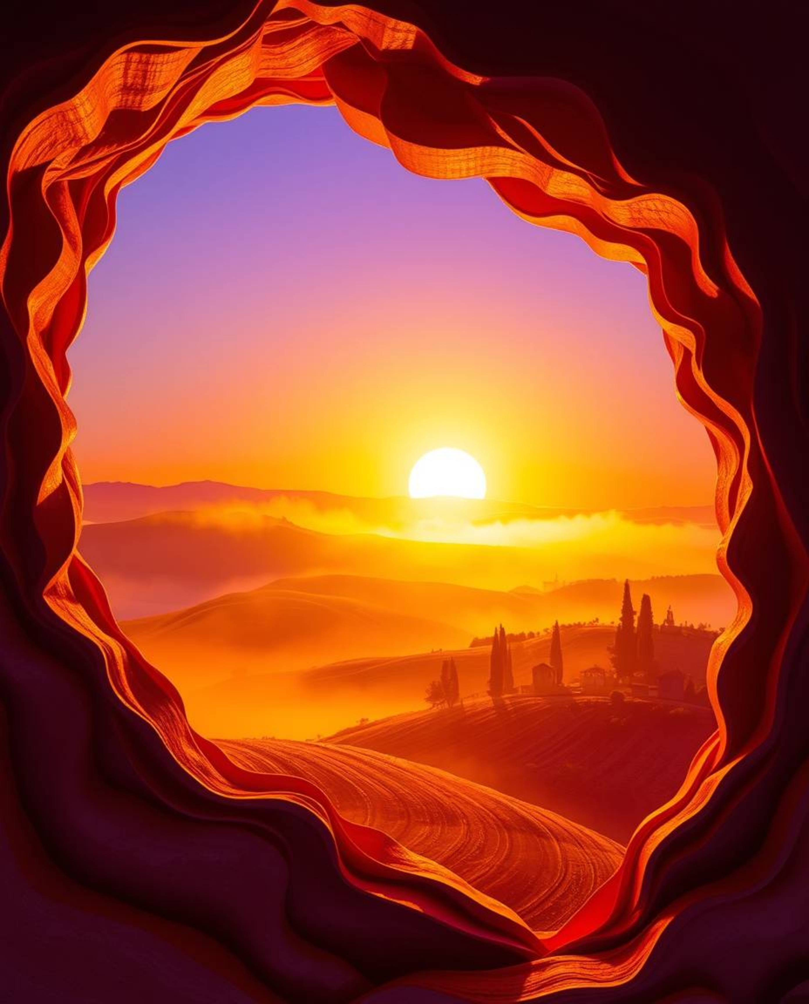 This unique artwork, crafted from layered papier-mâché, depicts a stunning Tuscan sunset over misty, rolling hills. The piece
