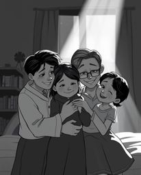 Experience a touching black and white Pixar-style illustration depicting a heartfelt family reunion. Intense dramatic lightin