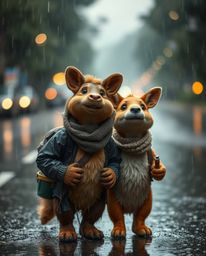 A captivating photojournalistic-style image depicts a hero and their talking animal sidekick embarking on a rainy journey.  T