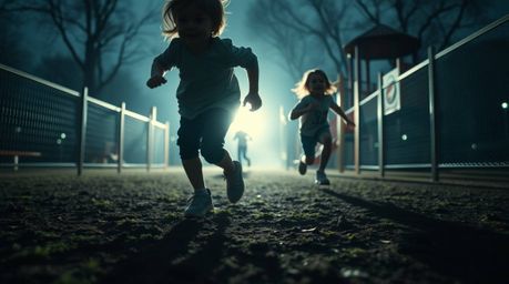 A captivating high-contrast close-up showcases a dramatic slow-motion run through a playground, bathed in intense lighting.  