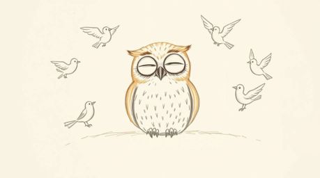 A hand-drawn sketch inspired by Pixar, showcasing a gentle blind owl with soft features and light brown feathers, peacefully 