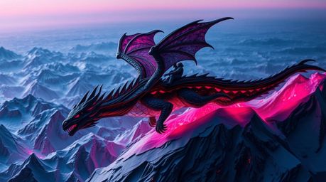 Layered papier-mâché depicts a dragon and rider soaring above icy mountains, brought to life with rich burgundy and deep blue