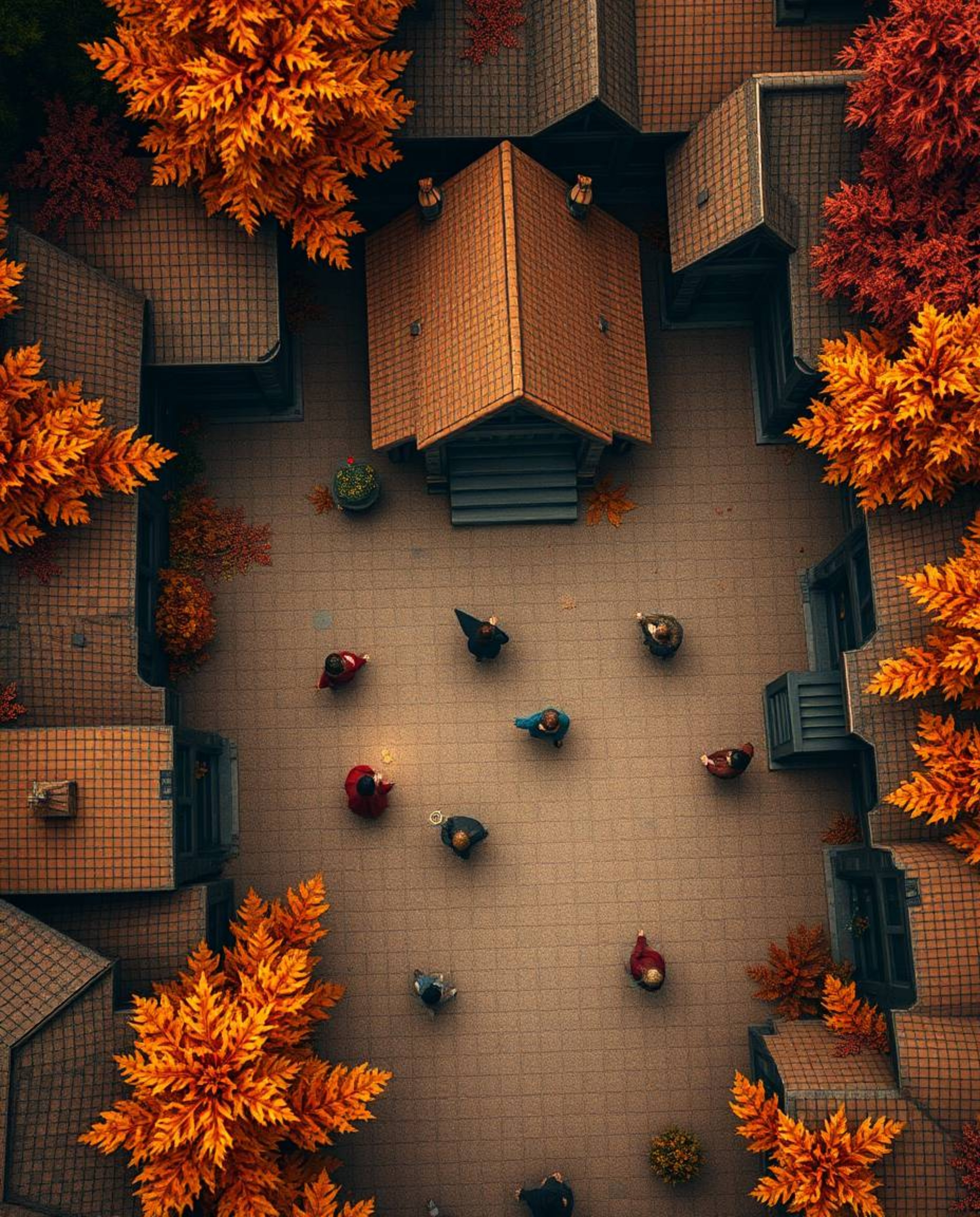 Discover a charming miniature magical school nestled in warm autumn hues.  This overhead view showcases detailed grounds, you
