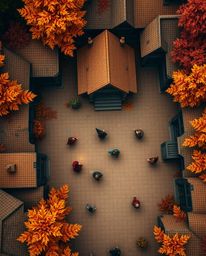 Discover a charming miniature magical school nestled in warm autumn hues.  This overhead view showcases detailed grounds, you